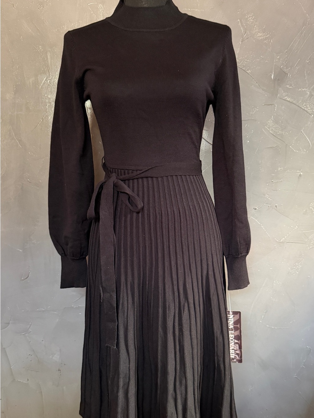 Black Pleated Knit Long-Sleeve Dress with Waist Tie